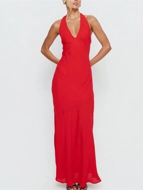 Red Halter V-Neck Maxi Dress